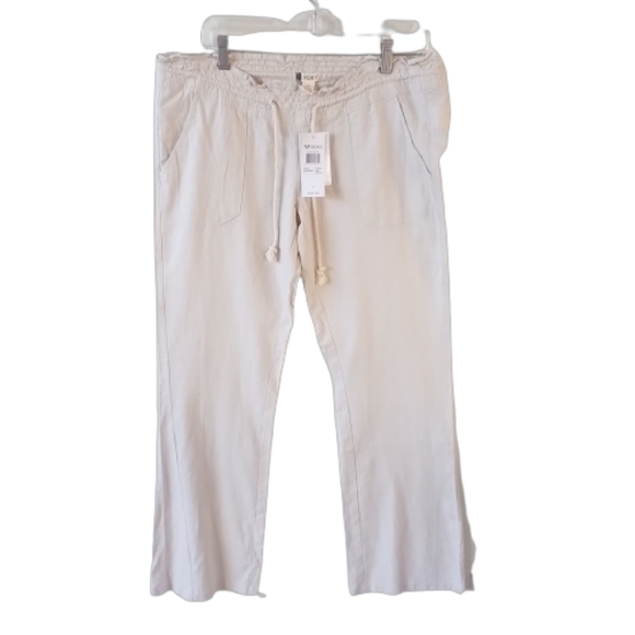 NWT Roxy Oceanside Flared Linen Pants Size Large Gauzy Drawstring Ivory